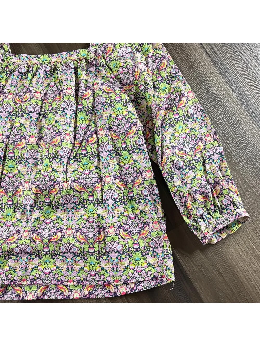 House of Liberty J Crew Sz 6 Floral Bird Print Top Squared Neck 3/4 Sleeves